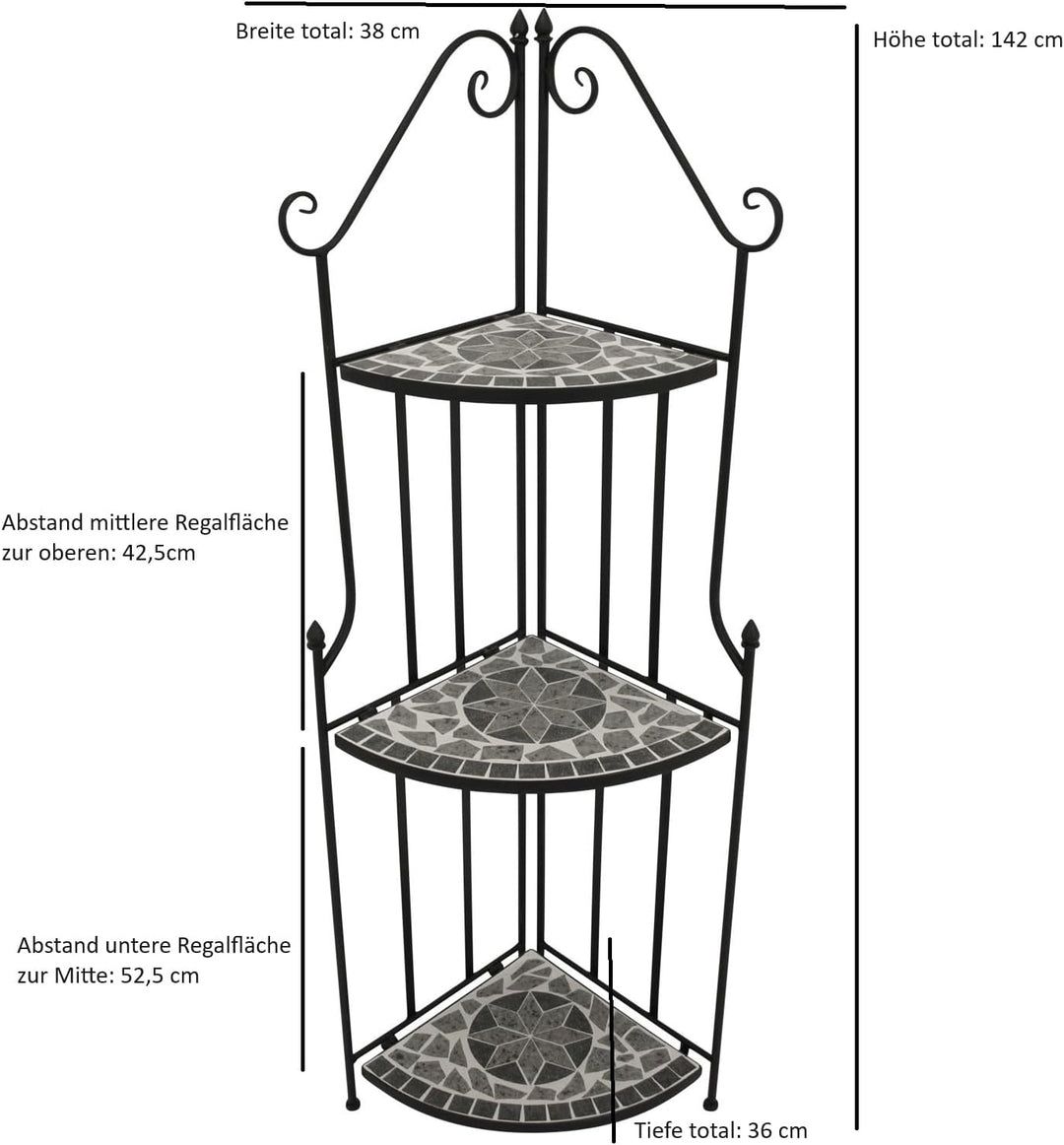 DEGAMO Gartenregal Eckregal Siena 38x36x142cm, Gestell Metall schwarz, Regalböden aus Keramik in Mos