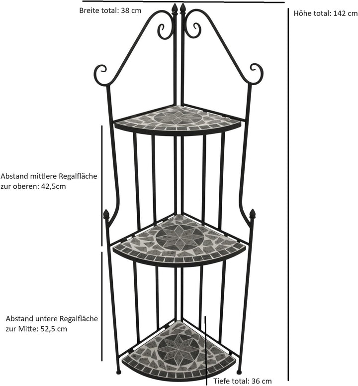 DEGAMO Gartenregal Eckregal Siena 38x36x142cm, Gestell Metall schwarz, Regalböden aus Keramik in Mos