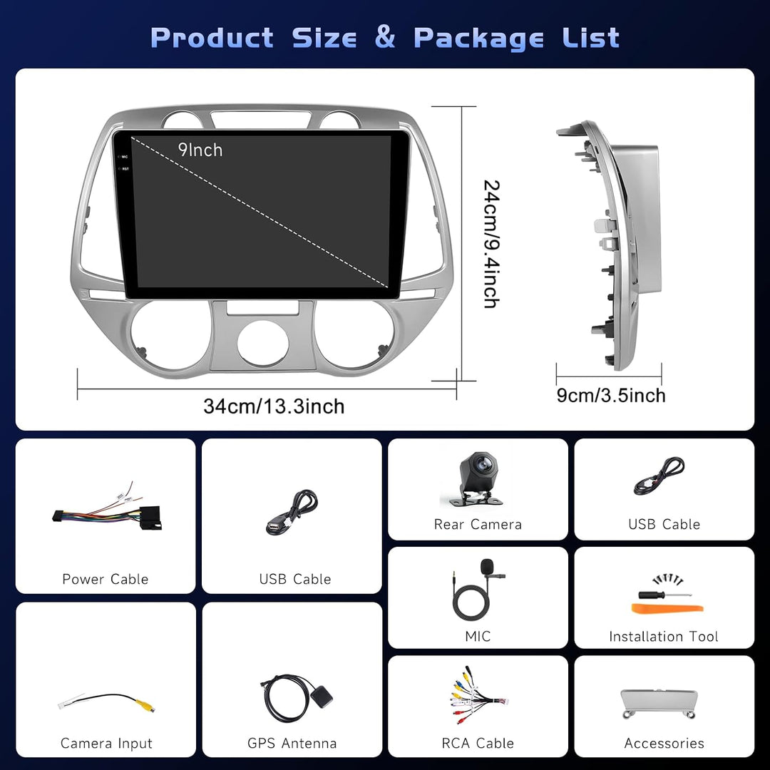 Hikity 4+128G 9" Android Autoradio für Hyundai i20 2008-2012 | Incell Touchscreen Wireless Carplay A