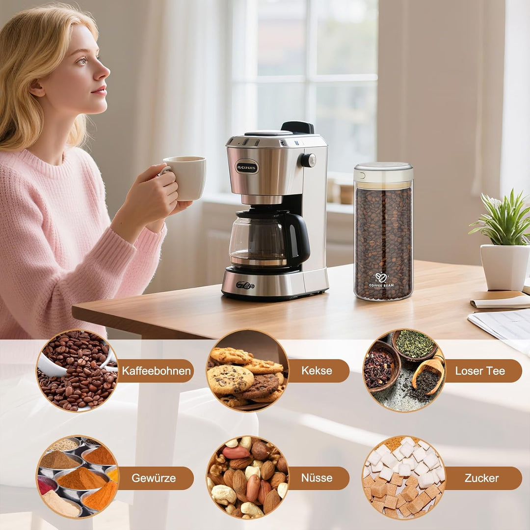 Kaffeedose Luftdicht 500g Bohnen, 1.7L Kaffeebehälter mit Vakuumdeckel, Borosilikatglas Vakuumbehält