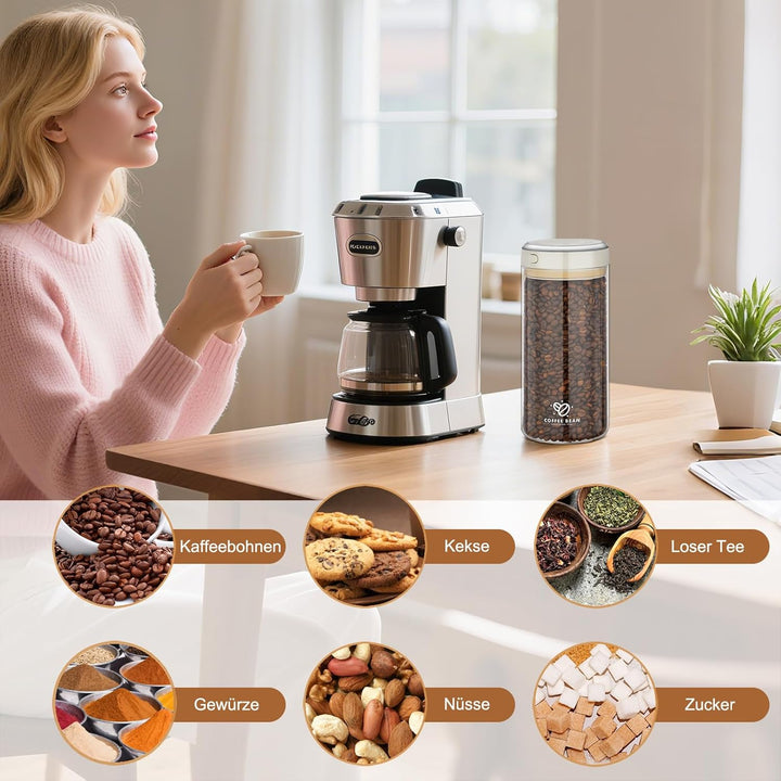Kaffeedose Luftdicht 500g Bohnen, 1.7L Kaffeebehälter mit Vakuumdeckel, Borosilikatglas Vakuumbehält