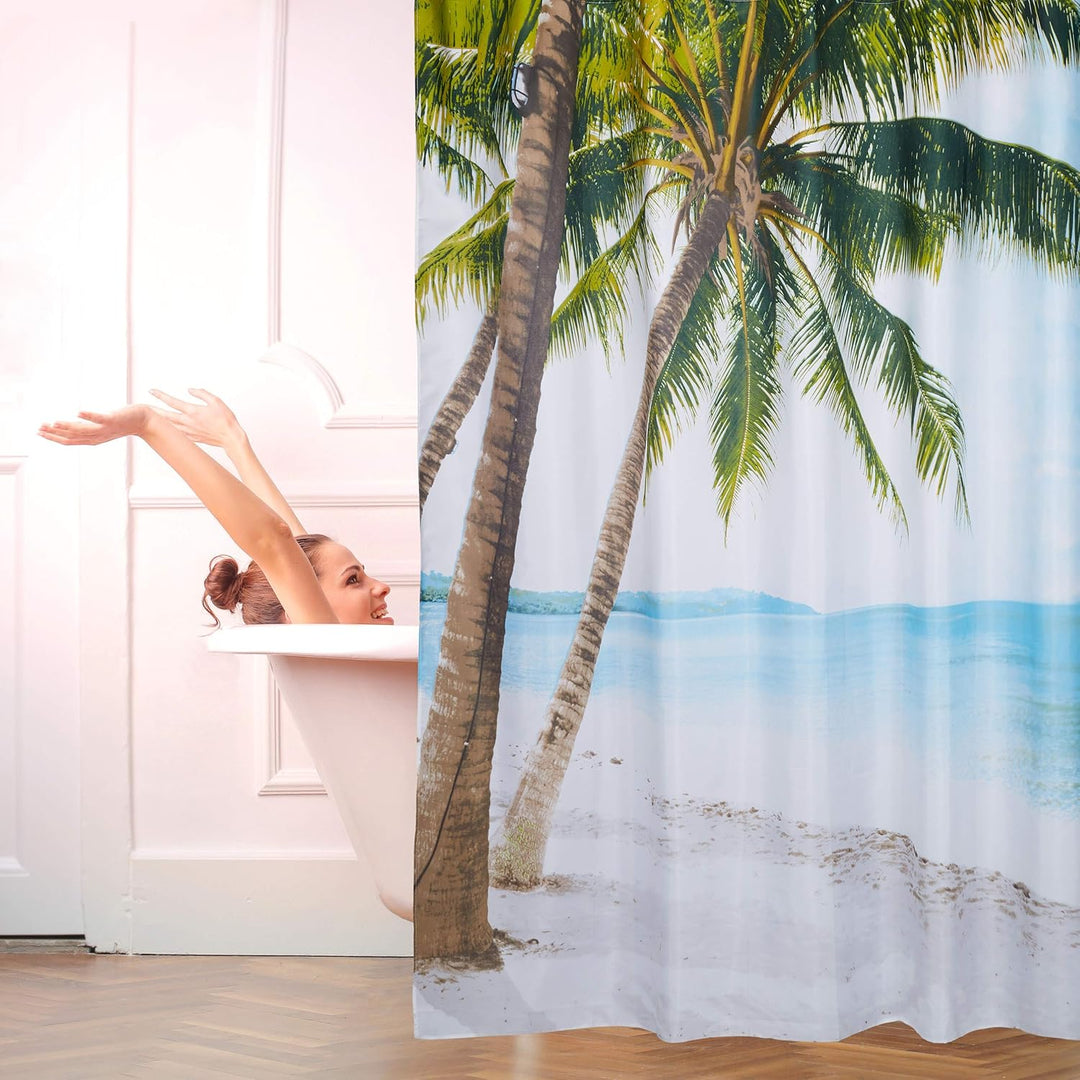 Relaxdays Duschvorhang Strand, Polyester, wasserabweisend, waschbar, Anti-Schimmel, Badewannenvorhan