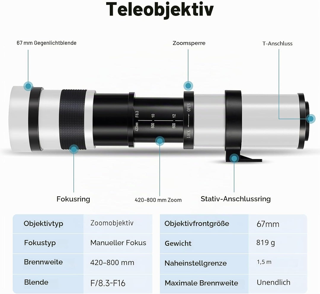 JINTU 420-800mm F8.3 Teleobjektiv EF Objektiv Manueller für Canon EOS Rebel T8i 4000D 2000D T7i T7 T