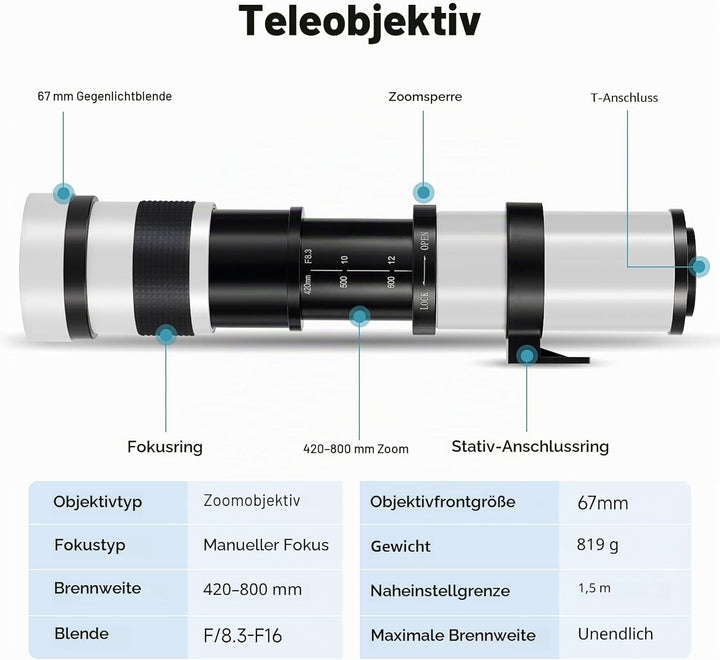JINTU 420-800mm F8.3 Teleobjektiv EF Objektiv Manueller für Canon EOS Rebel T8i 4000D 2000D T7i T7 T