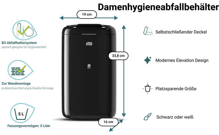 Damenhygiene-Abfallbehälter B3 Schwarz | Selbstschliessender Deckel, Wand- & Bodenmontage, Elevation