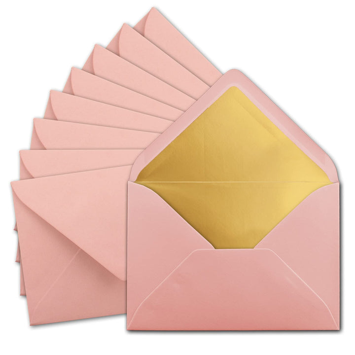 50x DIN C5 Kuverts 15,7 x 22,5 cm in Altrosa (Rosa) mit goldenem Seidenfutter - Nassklebung - Blanko
