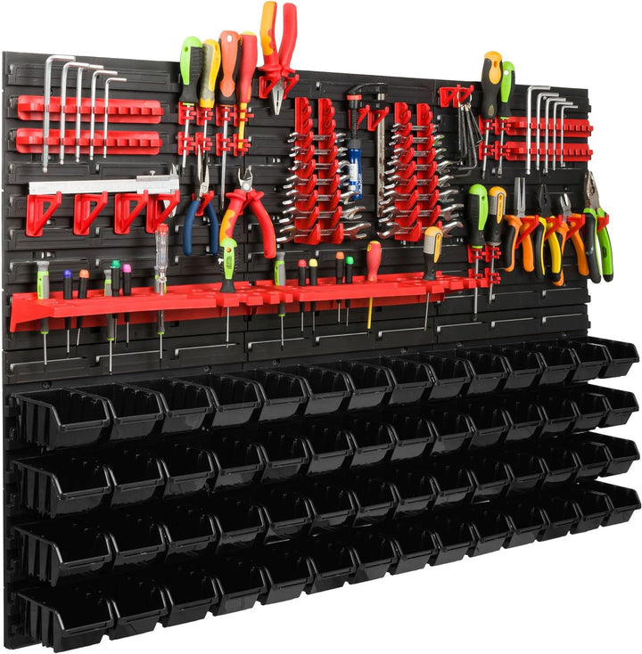 Lagersystem Werkstattregal | 117 x 78 cm | 56 stck. Box | Wandregal mit Werkzeughalterungen und Stap