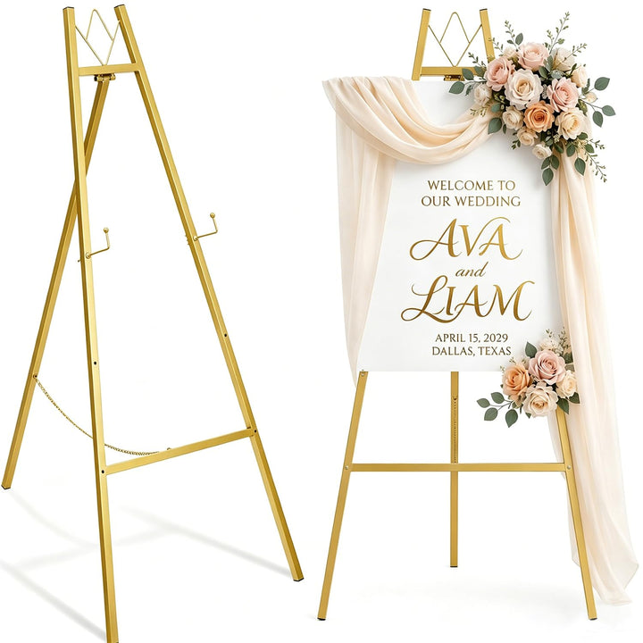 WATIHERE Goldener Staffelei-Ständer für Hochzeitsschilder, keine Montage erforderlich, verstellbar,