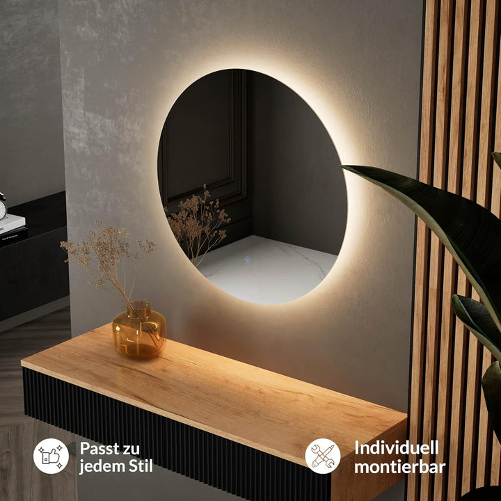 Planetmöbel NOVA Spiegel mit Beleuchtung rund, Spiegel mit LED-Licht, Dekorativer Wandspiegel ohne R
