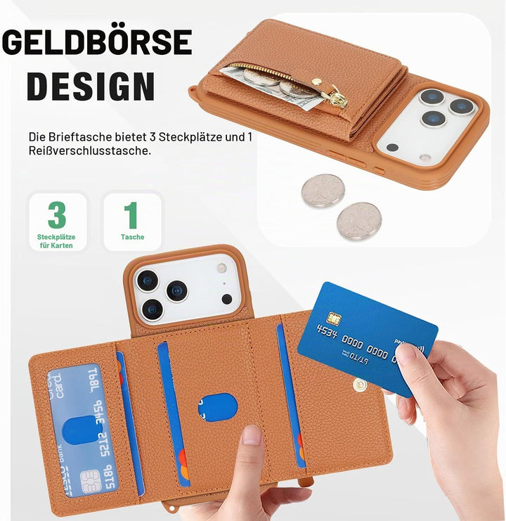 ELTEKER Handyhülle für iPhone 17 Pro Hülle mit Band, Kartenfach Reissverschluss Geldbörse, Handy-Umh