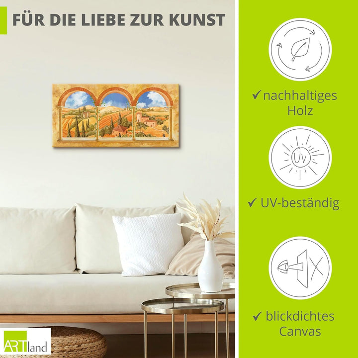 Artland Leinwandbild Wandbild Bild auf Leinwand 60x30 cm Wanddeko Fensterblick Fenster Toskana Lands