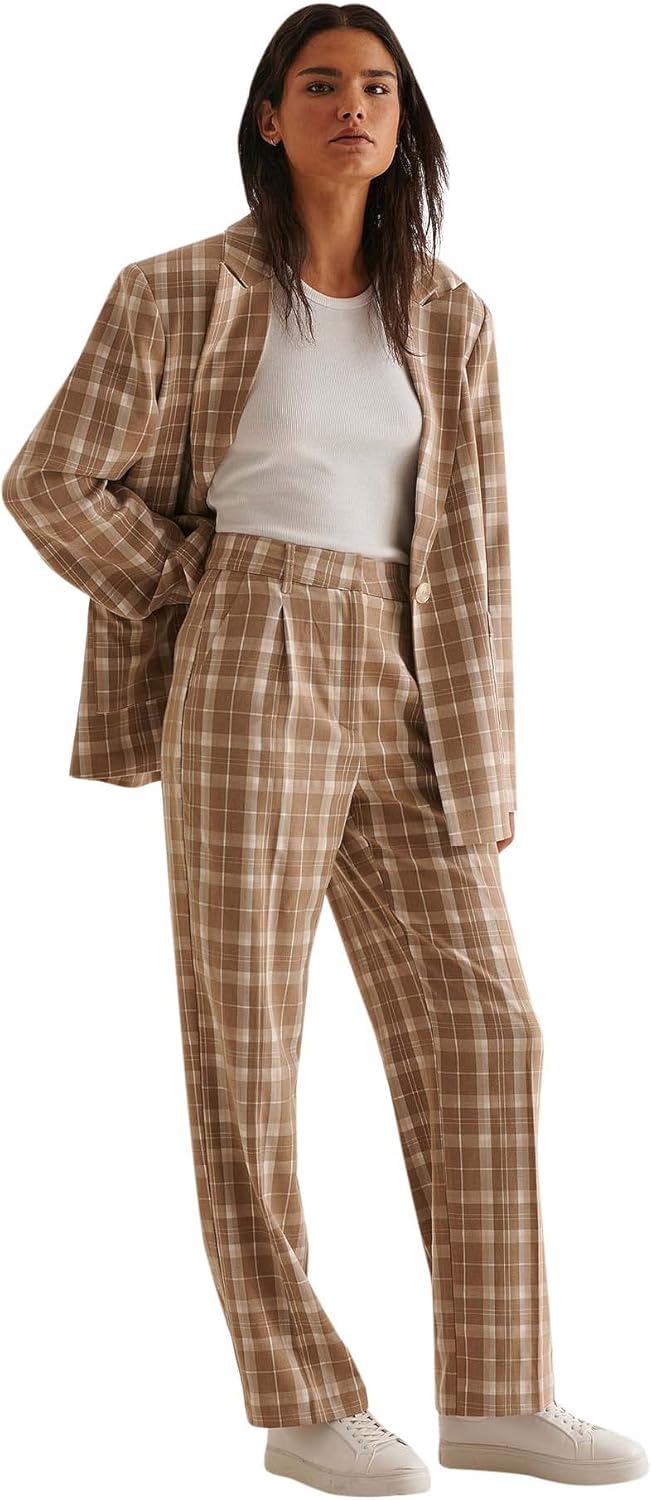NA-KD Damen Loose Fit Suit Pants Hose 32 Beige Kariert, 32 Beige Kariert