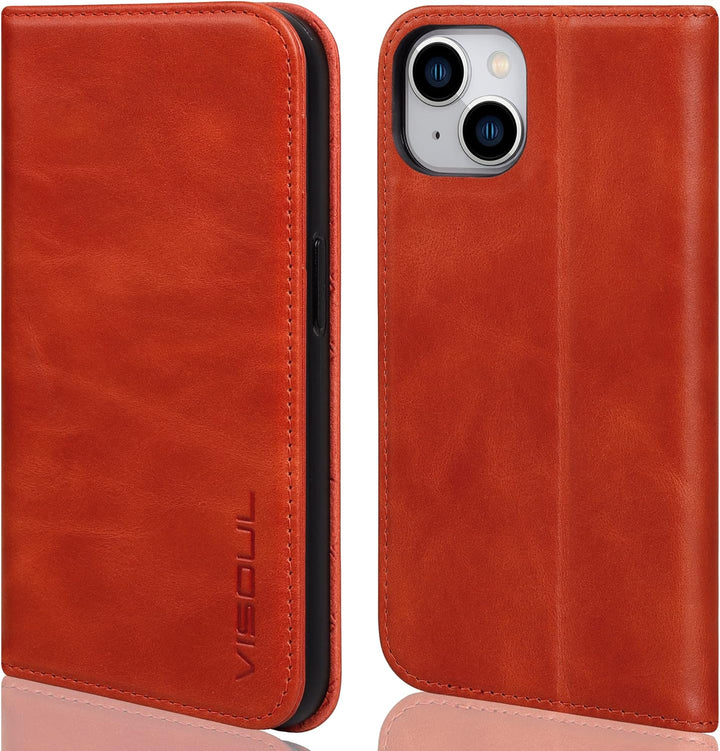 VISOUL iPhone 14 Plus Hülle, Stossfeste Handyhülle [Erstklassiges Rindsleder], TPU Schutzhülle [Kart