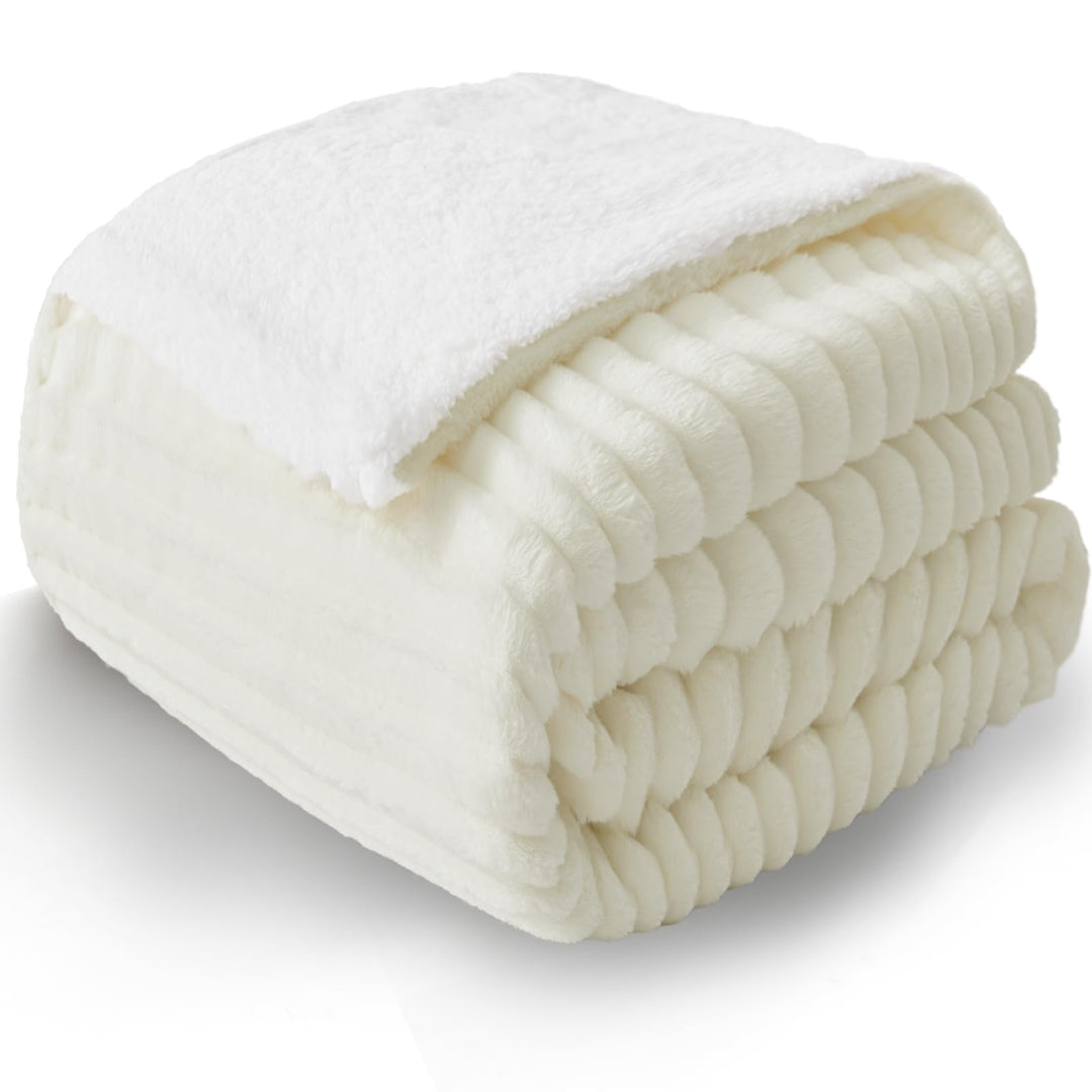 WAVVE Decke Sherpa Kuscheldecke Flauschig Creme - Extra Warme Dicke Weiche Grobe Kordecke Sofaüberwu