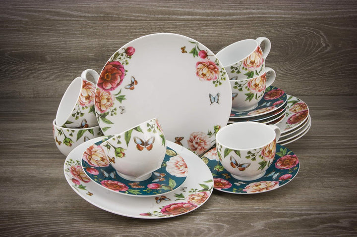 CreaTable Petrol, 22219, Serie Enjoy ROSES weiss, Geschirrset, Kaffeeservice 18 teilig, Porzellan Ka