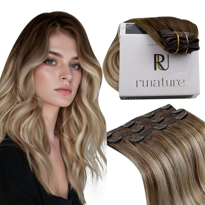 RUNATURE Balayage Braun Echthaar Extensions Clip Ombre Blond 40cm Invisible Clip in Hair Extensions
