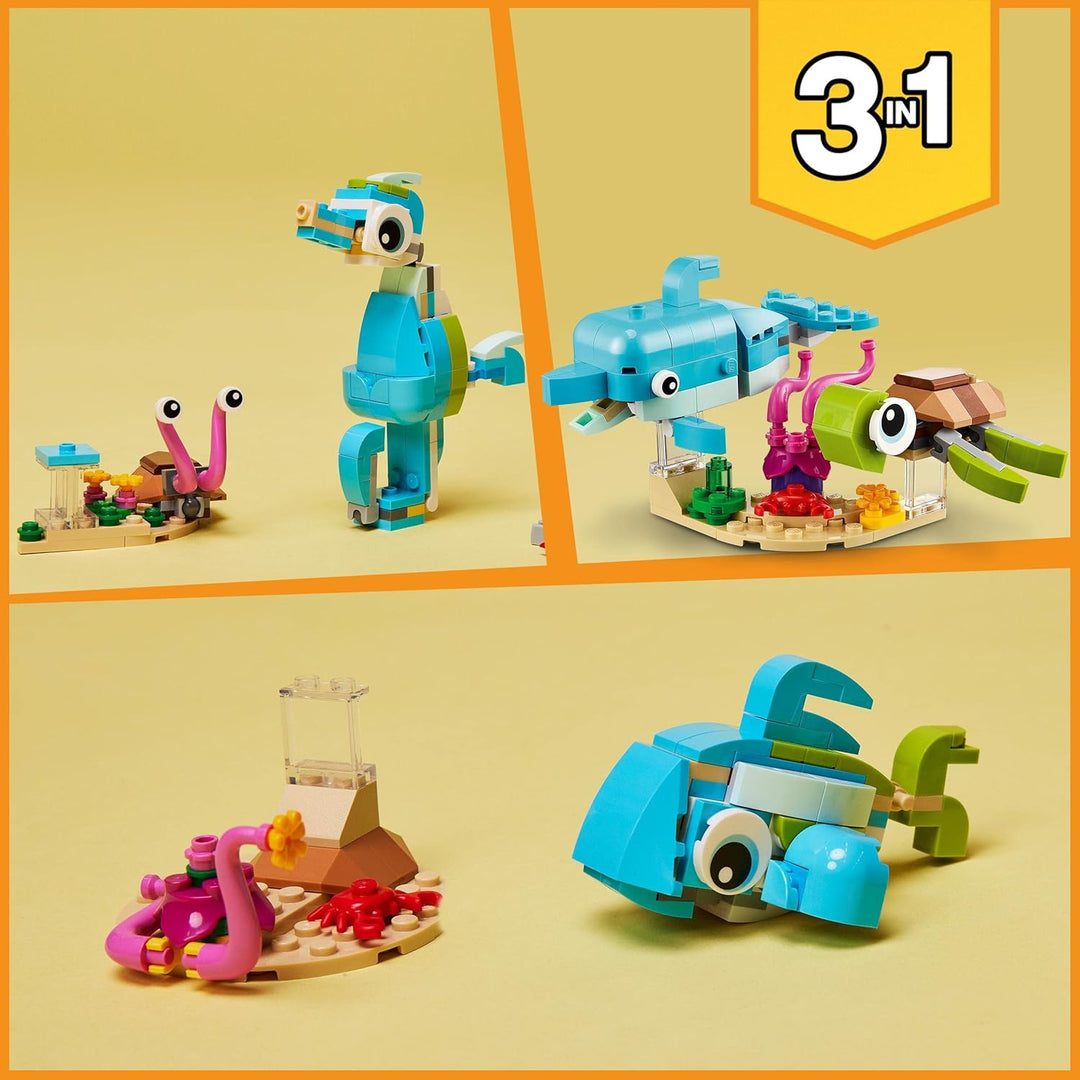 LEGO 31128 Creator 3-in-1 Delfin und Schildkröte, Seepferdchen, Fisch, Meerestieren-Figuren, Spielze