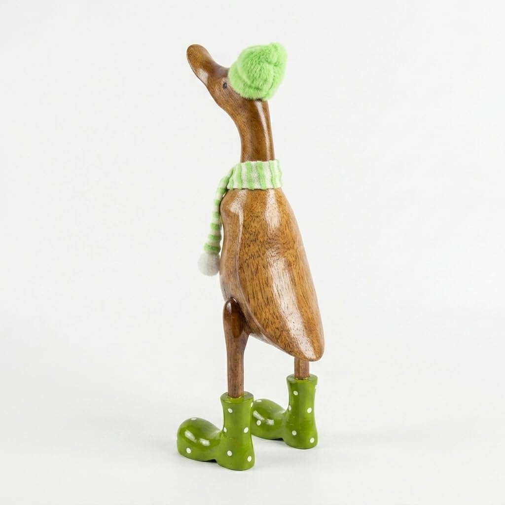Kinaree Deko Ente Holz mit Schal - handbemalte Bambus Laufente, Dekofigur Holzfigur für Wohnzimmer,