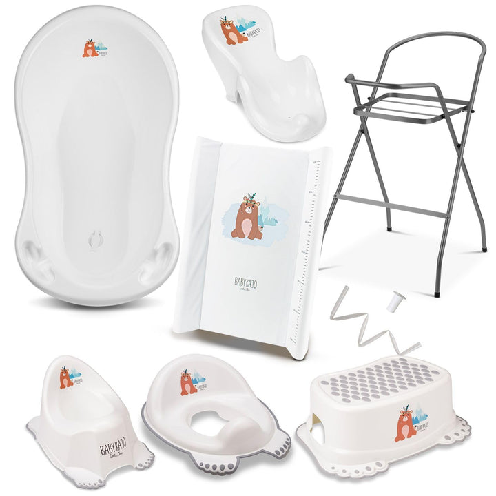 Babybadewanne mit Ständer 8 Set TÜV Rheinland geprüft - Babybadewanne + Baby Badewannensitz + Wickel