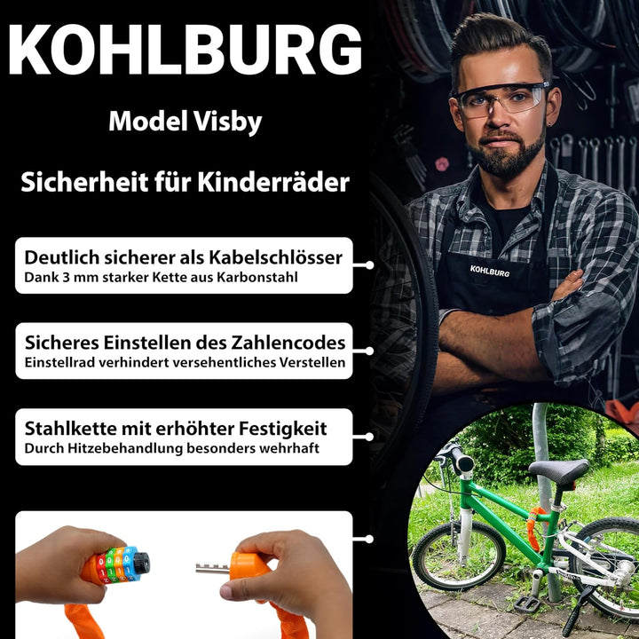 KOHLBURG Kinder Fahrradschloss Zahlenschloss 4 stellig [ohne Weichmacher, Stahlkette] - Kinderschlos