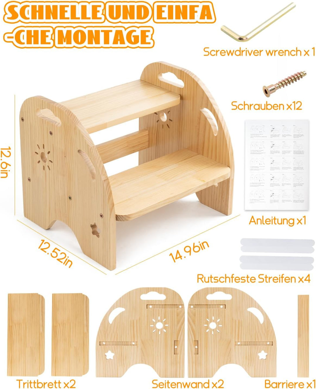 Tritthocker Kinder Holz 2 Stufen – Rutschfester Kinderhocker mit Griff – 200kg Belastbarkeit für Küc