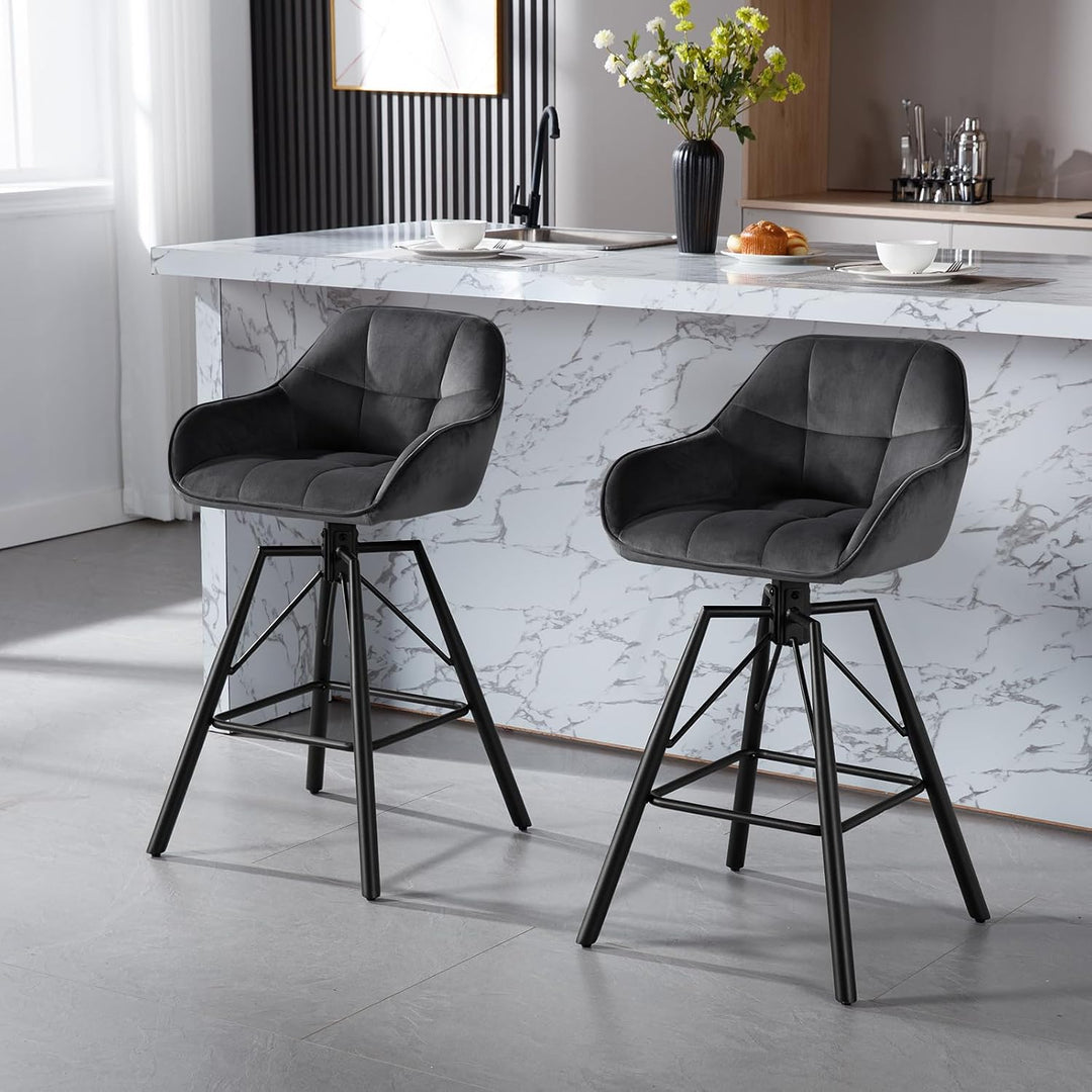 WOLTU Barhocker 2er Set, Barstuhl mit Lehne, Samt, Dunkelgrau | Bistrohocker 360°drehbar, Tresenhock