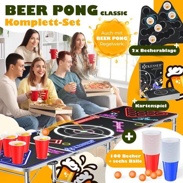KESSER® Bier Pong Tisch Set mit Kartenspiel Trinkspiel LED-Action inkl. 100 Becher (50 Rot & 50 Blau