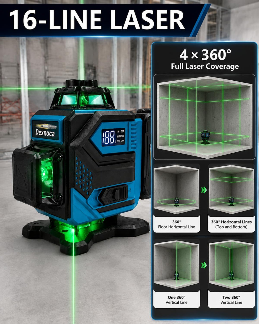 16 Linien Laser Wasserwaage, 2x8000mAh Akkus, 4 x 360° Grüner Strahl Selbstnivellierendes Kreuzlinie