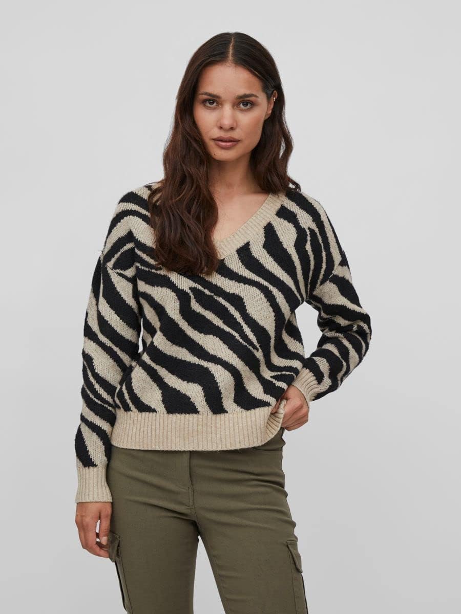 Vila Damen Viril Feami Mix V-Neck L/S Knit Top-noos Pullover XL Natural Melange/Pattern:with Black,