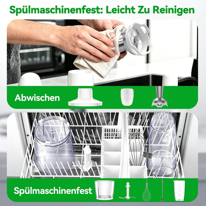 Stabmixer Set 5 in 1, 1100W Pürierstab Elektrisch, Stufenlose Geschwindigkeit, Edelstahl Hand Blende