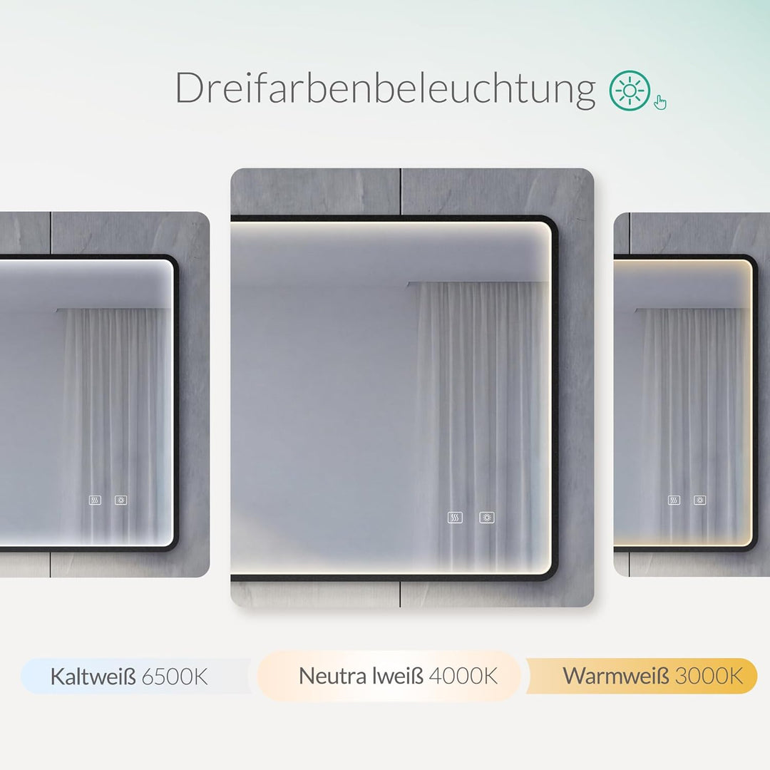LED Badspiegel mit Aluminiumrahmen, 5mm Kupferfreier HD Silber-Spiegel, 3 Lichtfarben Dimmbar, Wands
