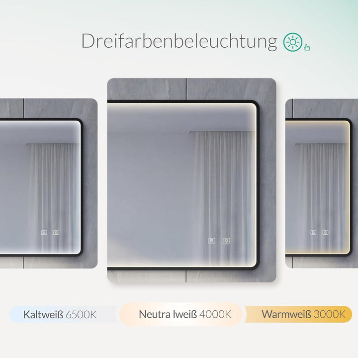 LED Badspiegel mit Aluminiumrahmen, 5mm Kupferfreier HD Silber-Spiegel, 3 Lichtfarben Dimmbar, Wands