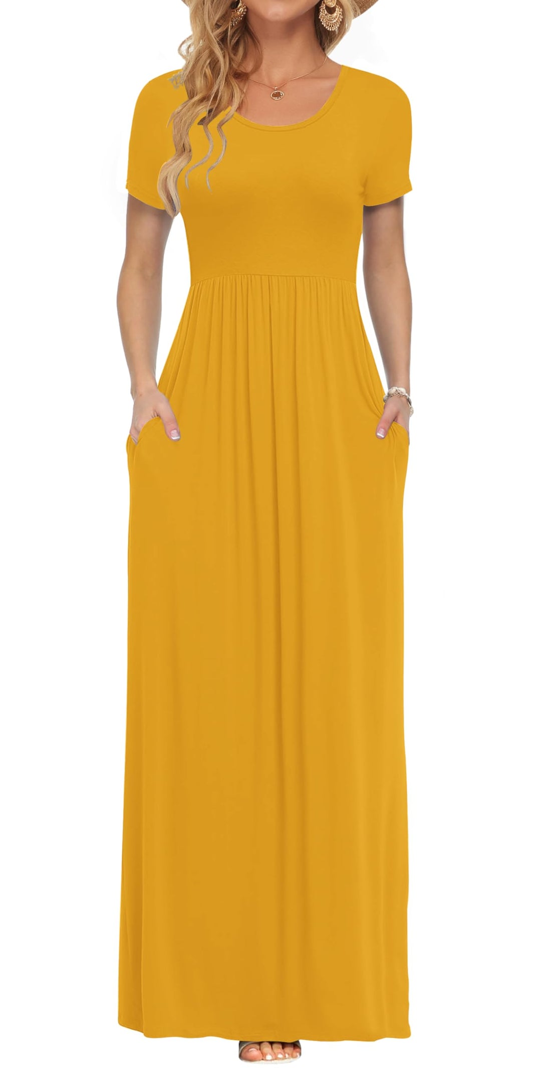 AUSELILY Damen Kurzarm Sommer Casual Long Maxi Kleider mit Taschen Gelb XS, Gelb XS
