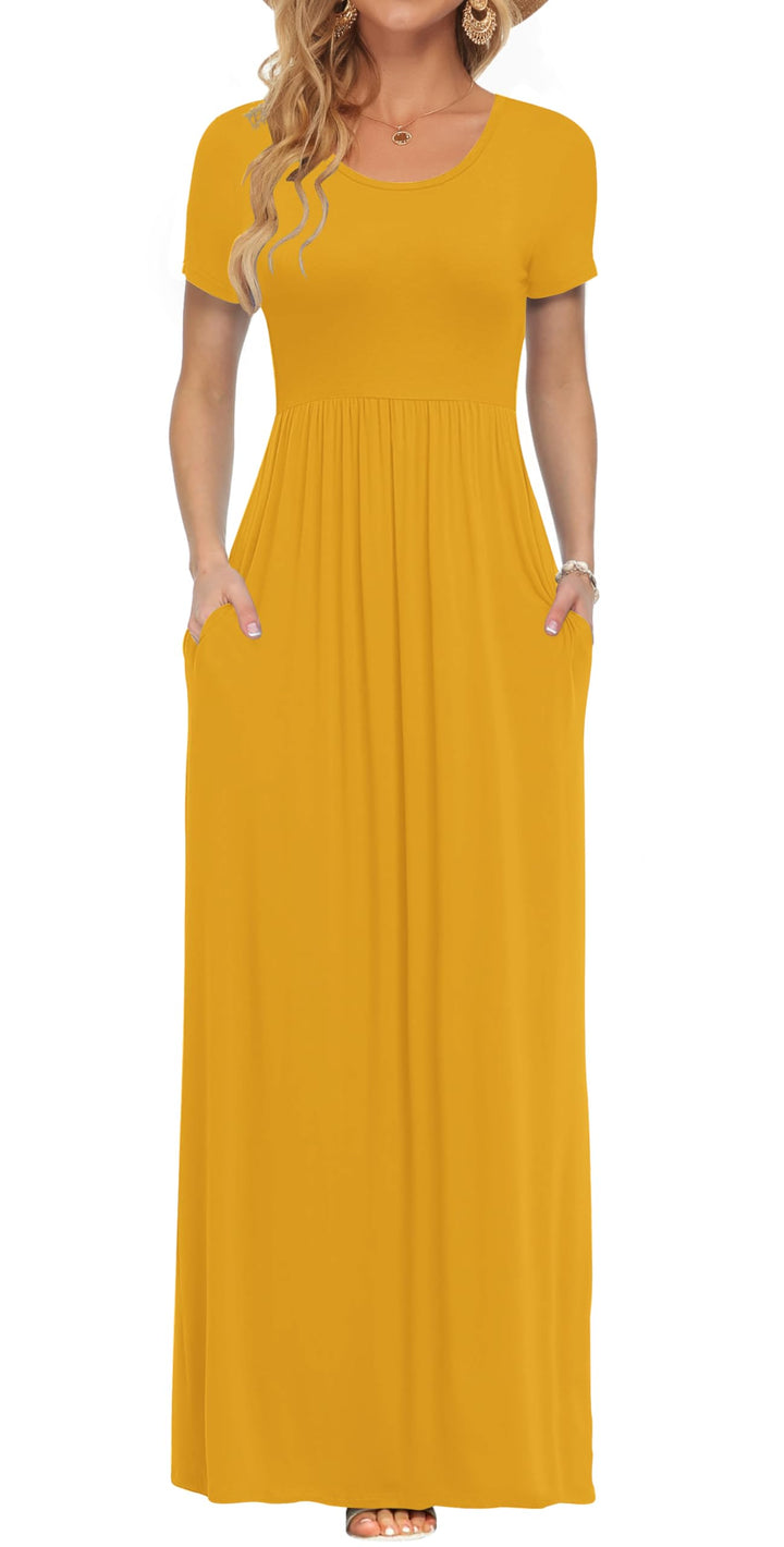 AUSELILY Damen Kurzarm Sommer Casual Long Maxi Kleider mit Taschen Gelb XS, Gelb XS