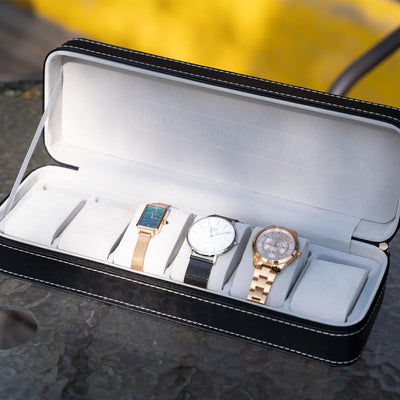OSVINO Uhrenbox 6 Uhren Herren Schwarz Uhrenkasten Uhrenkissen aus Samt, Reise Schmuckkästchen Uhren