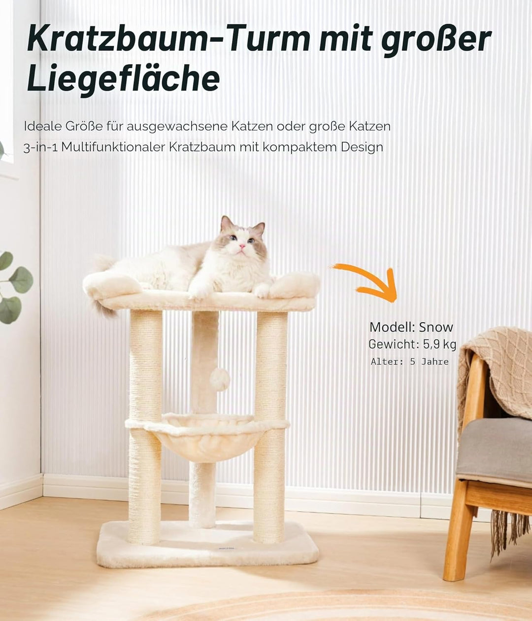 Happi N Pets 71CM Kratzbaum für Katzen, Hoher Kratzstamm mit grossem Bett für grosse Katzen, Sisal-K