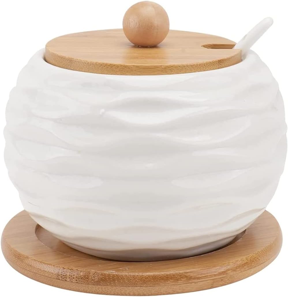 Keramik Gewürzgläser Weiss Zuckerdose Salzdose mit Bambusdeckel und Löffel Gewürzbehälter für Haus K