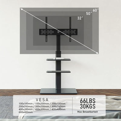 FITUEYES TV Ständer TV Bodenständer 3 Ablagen Standfuss Fernsehstand mit Regal höhenverstellbar schw