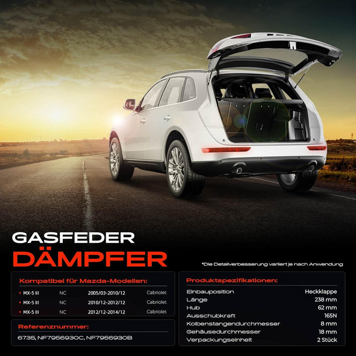 Frankberg 2x Gasfeder Heckklappe beidseitig Kompatibel mit MX-5 III NC 1.8L-2.0L 2005-2014 Replace#