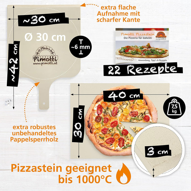 3cm Pimotti Pizzastein/Brotbackstein aus Schamott +Schaufel +Anleitung & Rezepte im