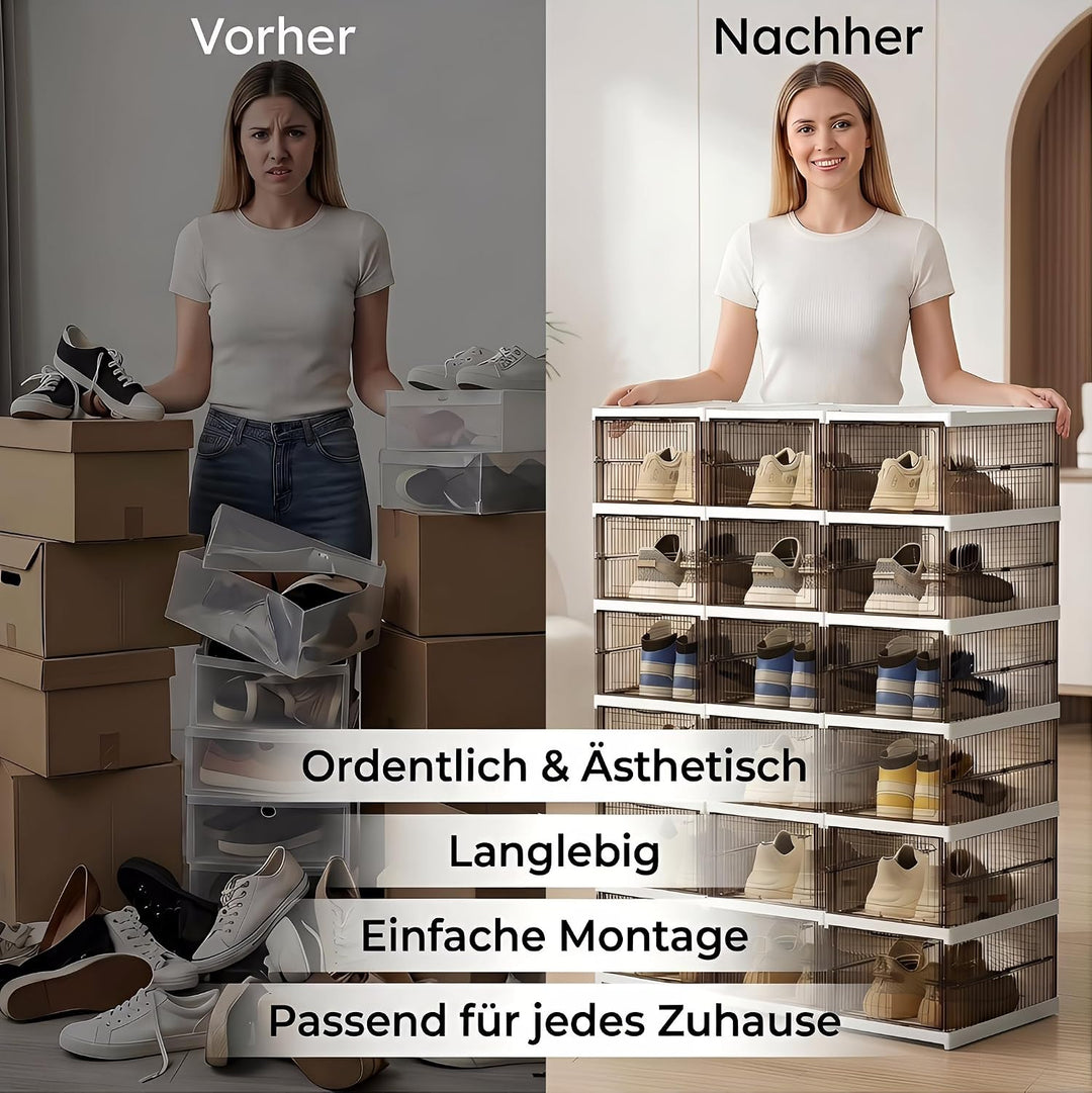 Schuhboxen Stapelbar, 12 Ebenen, Transparent, Faltbar, Dickem Kunststoff, für Sneaker bis Grösse 46,