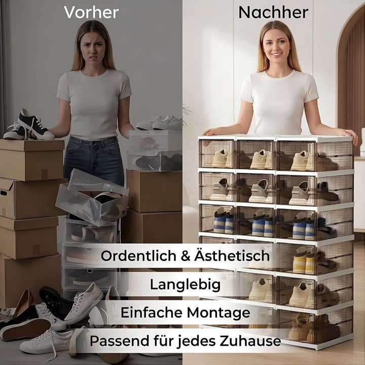 Schuhboxen Stapelbar, 12 Ebenen, Transparent, Faltbar, Dickem Kunststoff, für Sneaker bis Grösse 46,