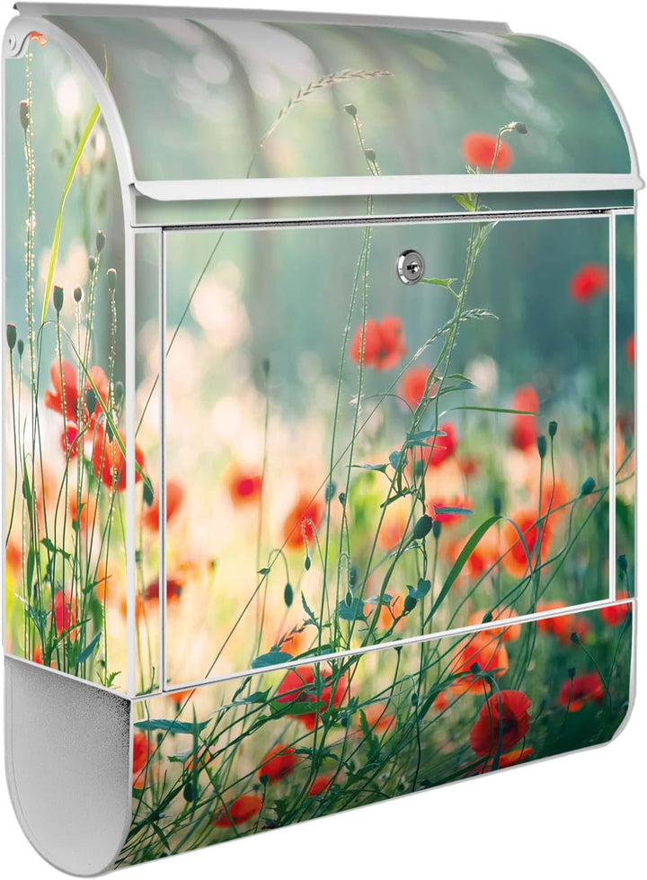 banjado® Design Briefkasten mit Motiv Waldmohn 39x47x14cm &amp; 2 Schlüssel - Briefkasten Stahl weiss mi