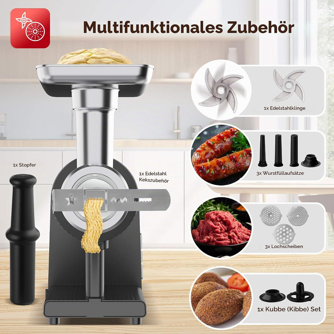 TurboTronic Elektrischer Fleischwolf Samurai – 2600W beste Maschine mit Spritzgepäckvorsatz Metallge