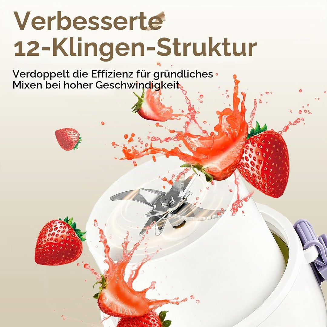 JTF Tragbarer Mixer mit 12 Edelstahl Klingen -340ml Mixer To Go,Kabellos &amp; Wiederaufladbar,Mini Mixe