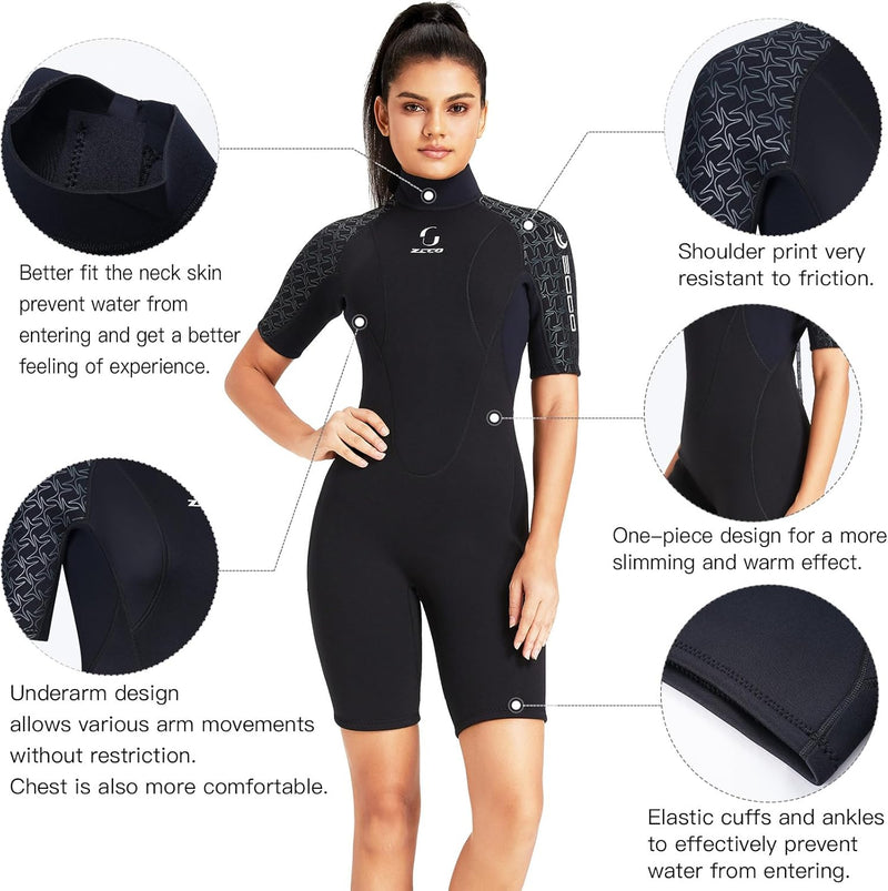 Neoprenanzug Damen Rückenreissverschluss Kurzer Neoprenanzug Herren 3mm Neopren Kurzarm Neoprenanzug