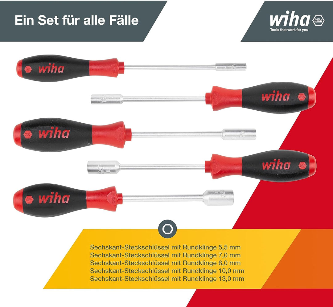 Wiha Schraubendreher Set SoftFinish® Sechskant-Steckschlüssel 5-tlg. ergonomischer Griff für kraftvo