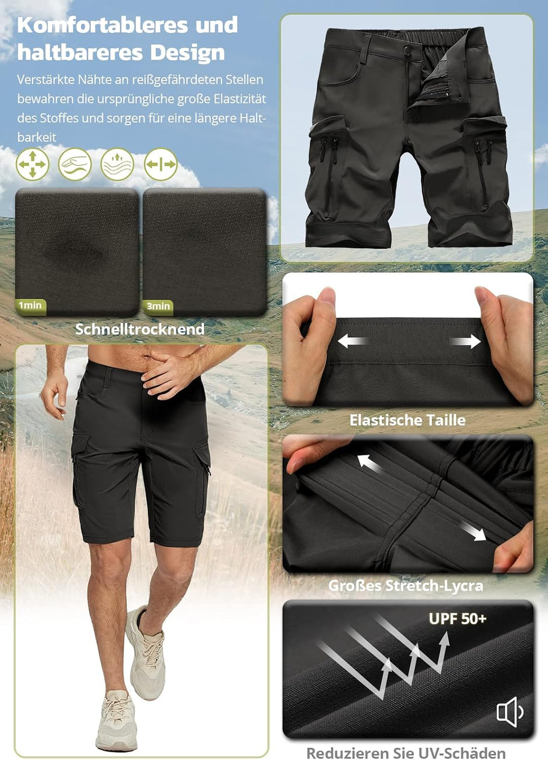 Hiauspor Wanderhose Herren Kurz MTB Hose Leichte Schnelltrocknend Cargo Bermuda Chino mit 5 Taschen