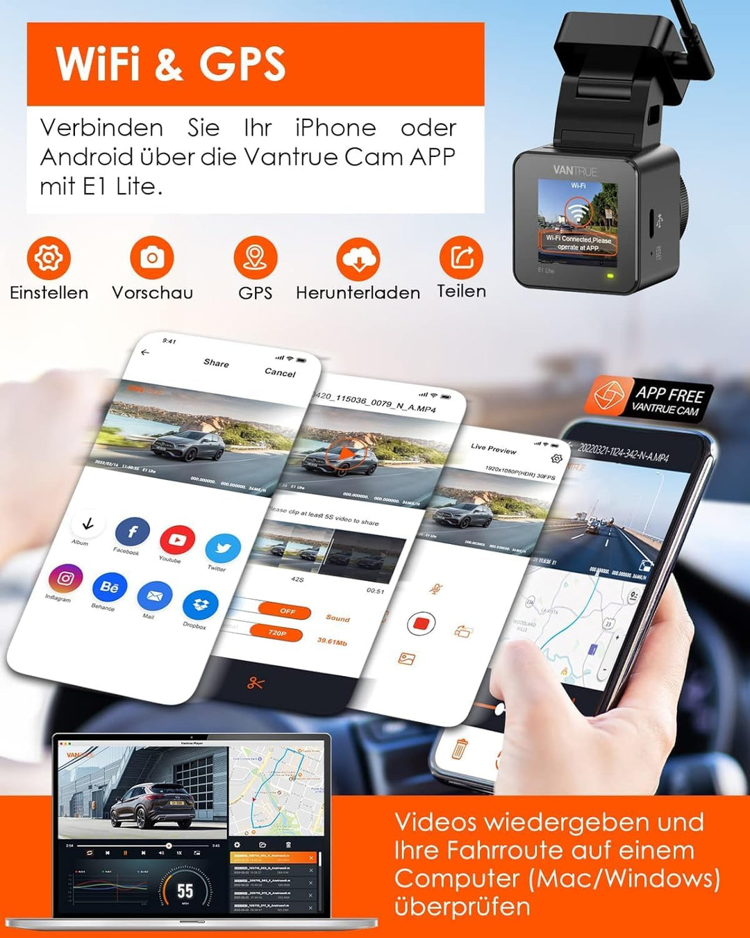VANTRUE E1 lite Mini Dashcam WiFi vorne 1080P/30fps mit Sprachsteuerung, 1,54'' LCD Versteckte Dash