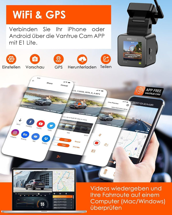 VANTRUE E1 lite Mini Dashcam WiFi vorne 1080P/30fps mit Sprachsteuerung, 1,54'' LCD Versteckte Dash